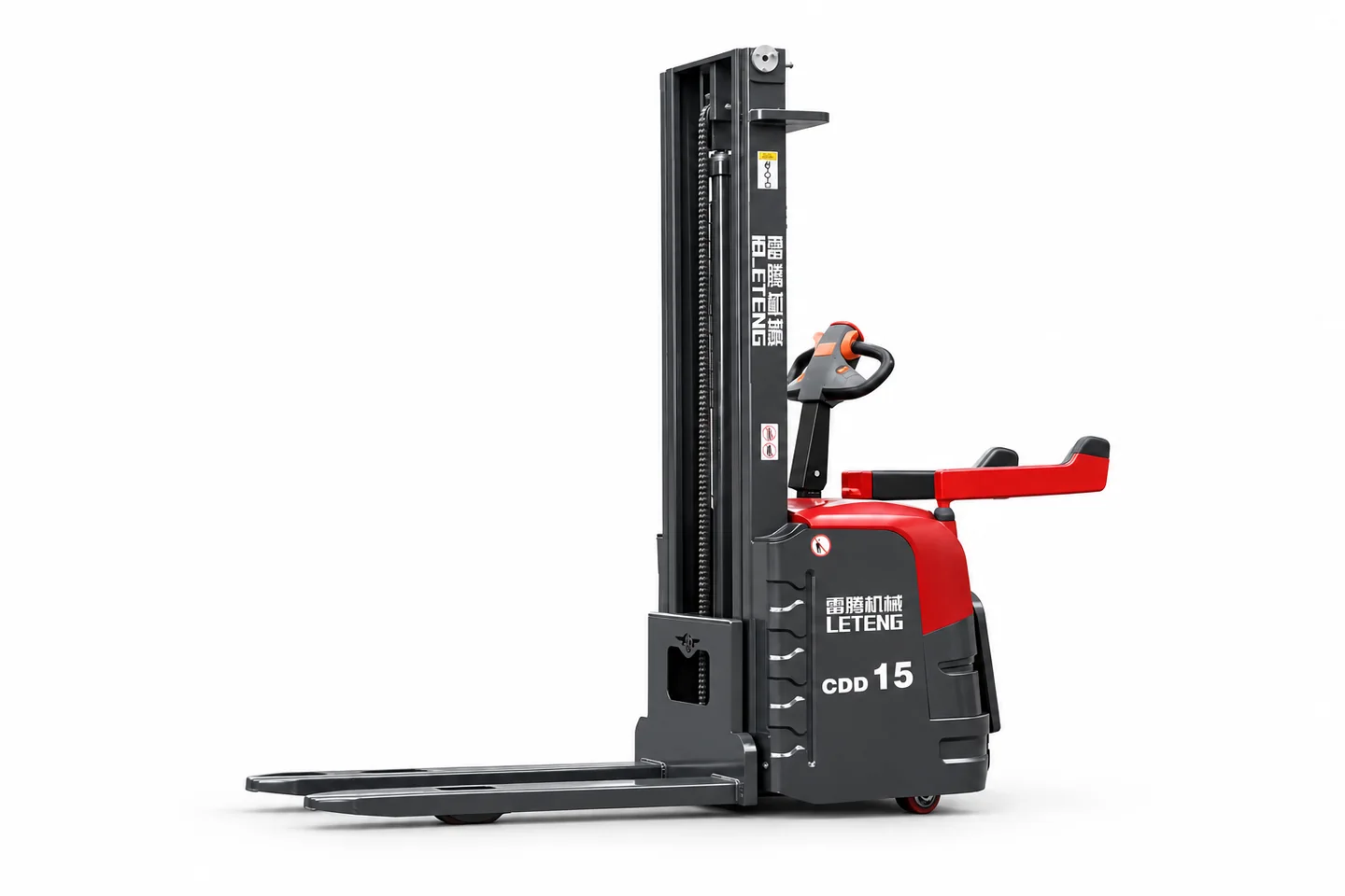 LETENG CDD15 electric stacker with lifting forks and compact red and black body
