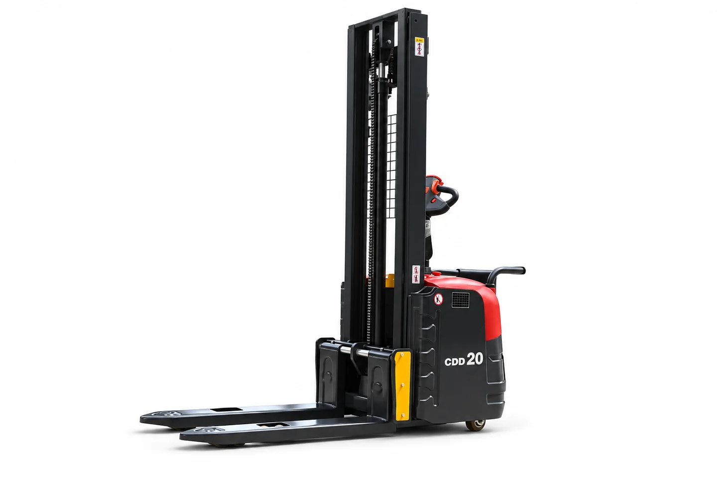 CDD20 electric stacker showing its mast, tiller, lifting forks and support-leg layout