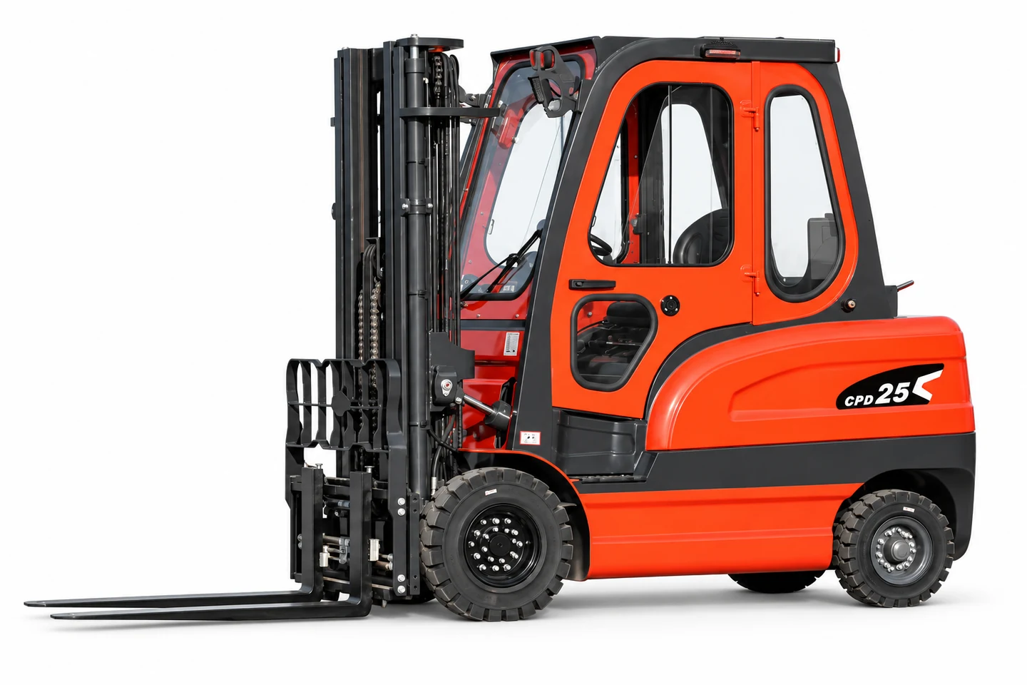 Orange-red LETENG CPD25 electric forklift with enclosed cab and complete forks on a white background