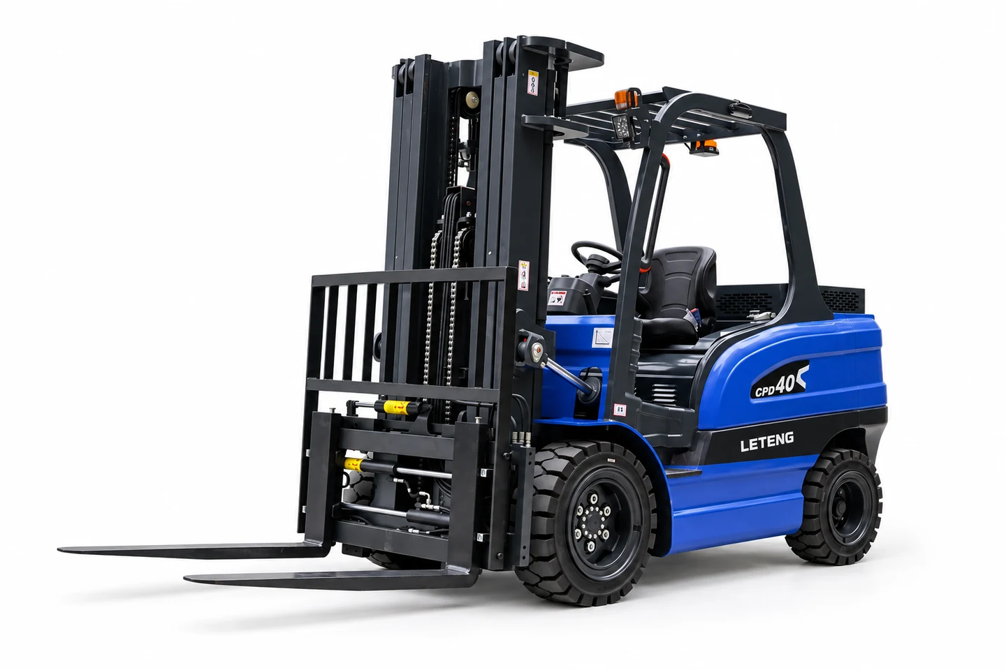 Blue LETENG counterbalance electric forklift with full forks, mast and rear counterweight