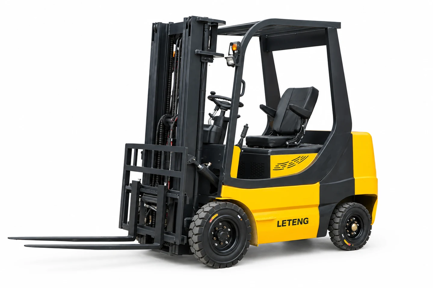 Yellow LETENG counterbalance electric forklift showing clear space beneath its lifting forks