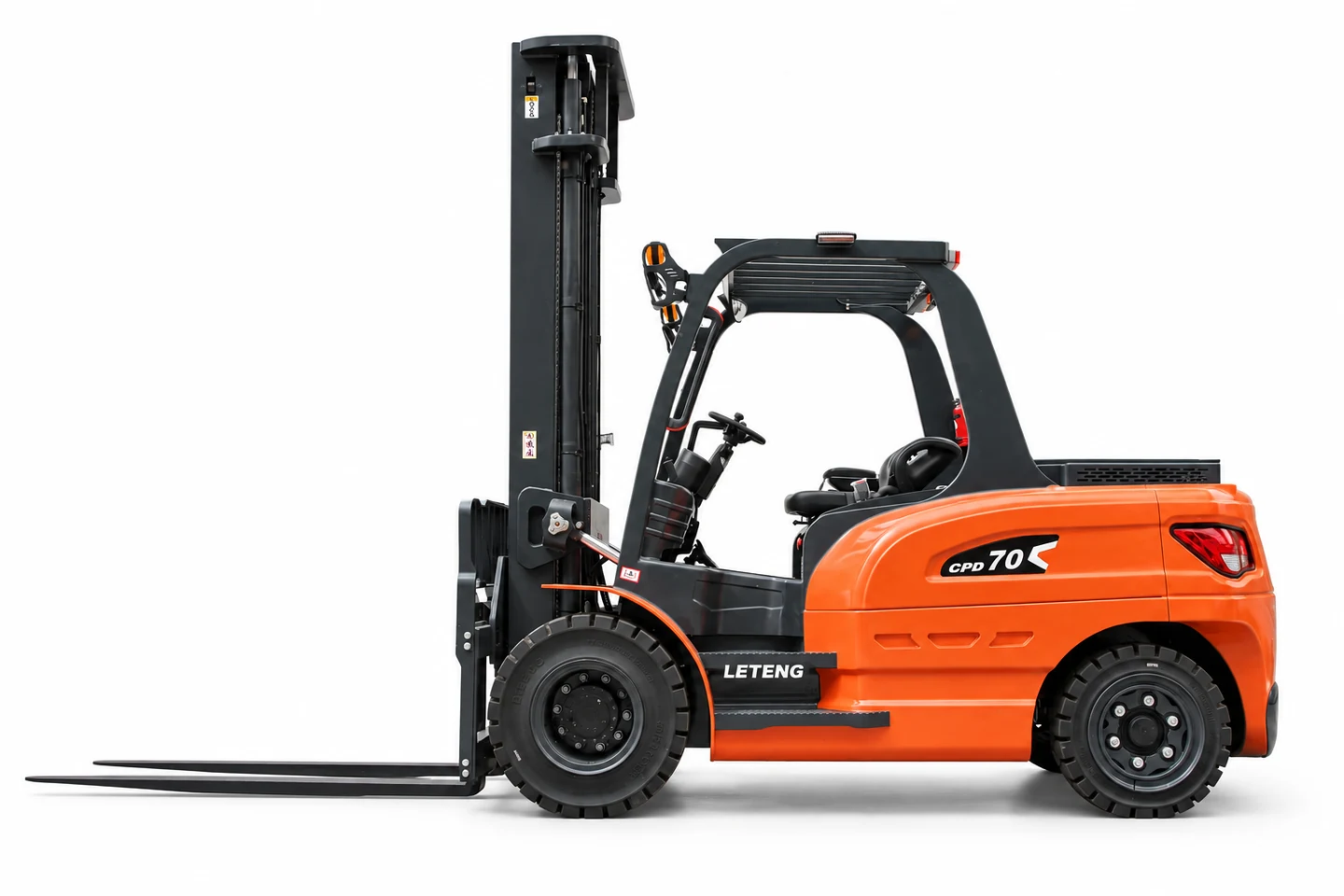 Orange LETENG CPD70 electric forklift with tall mast, rear counterweight and complete forks