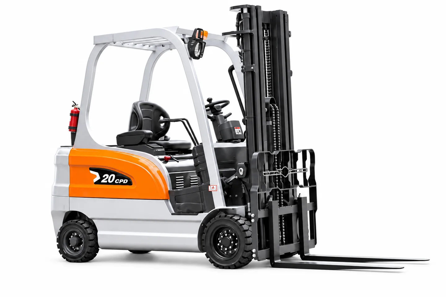 Silver and orange LETENG CPD20 electric counterbalance forklift with complete mast and forks