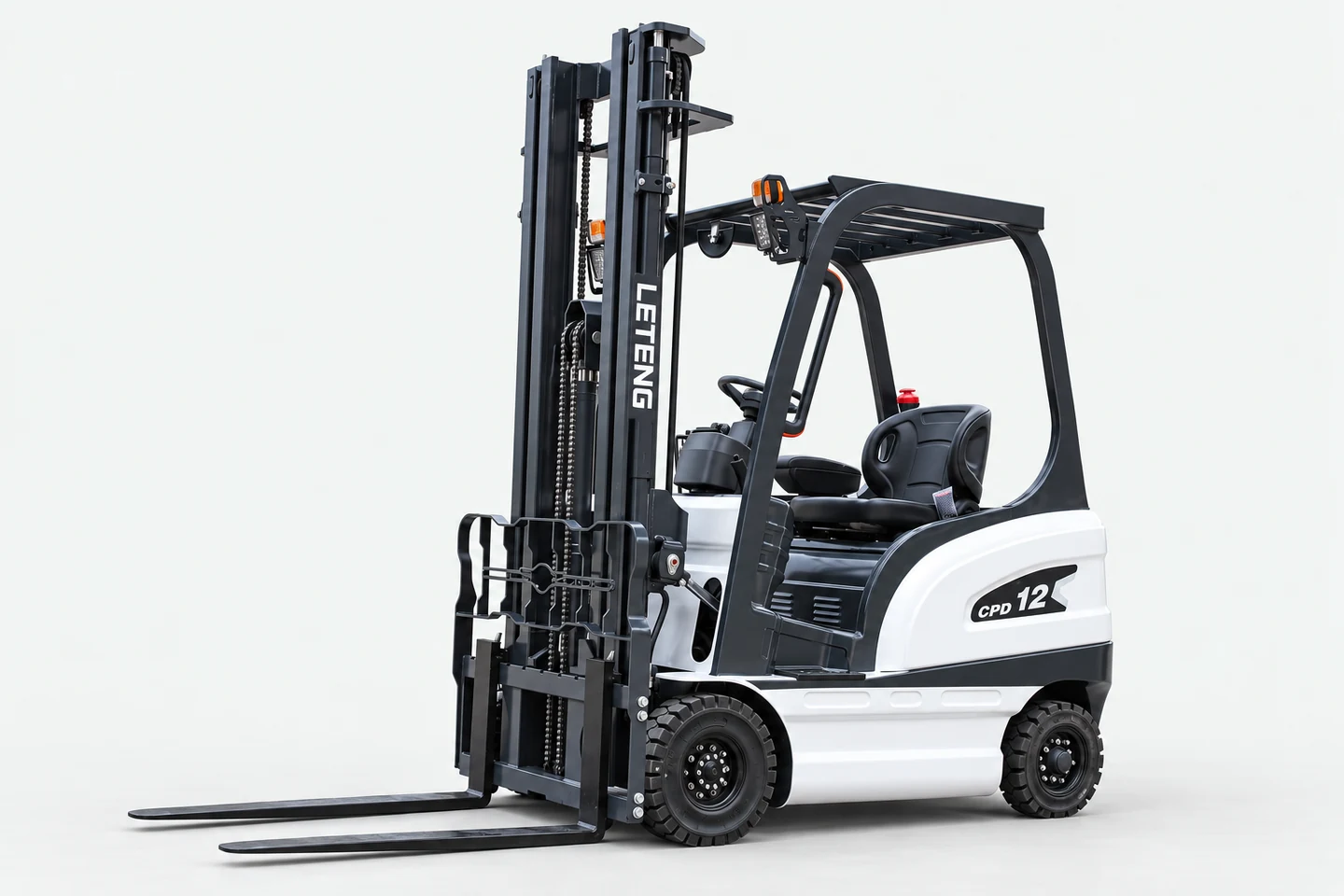 White LETENG CPD12 compact electric counterbalance forklift with full mast and forks