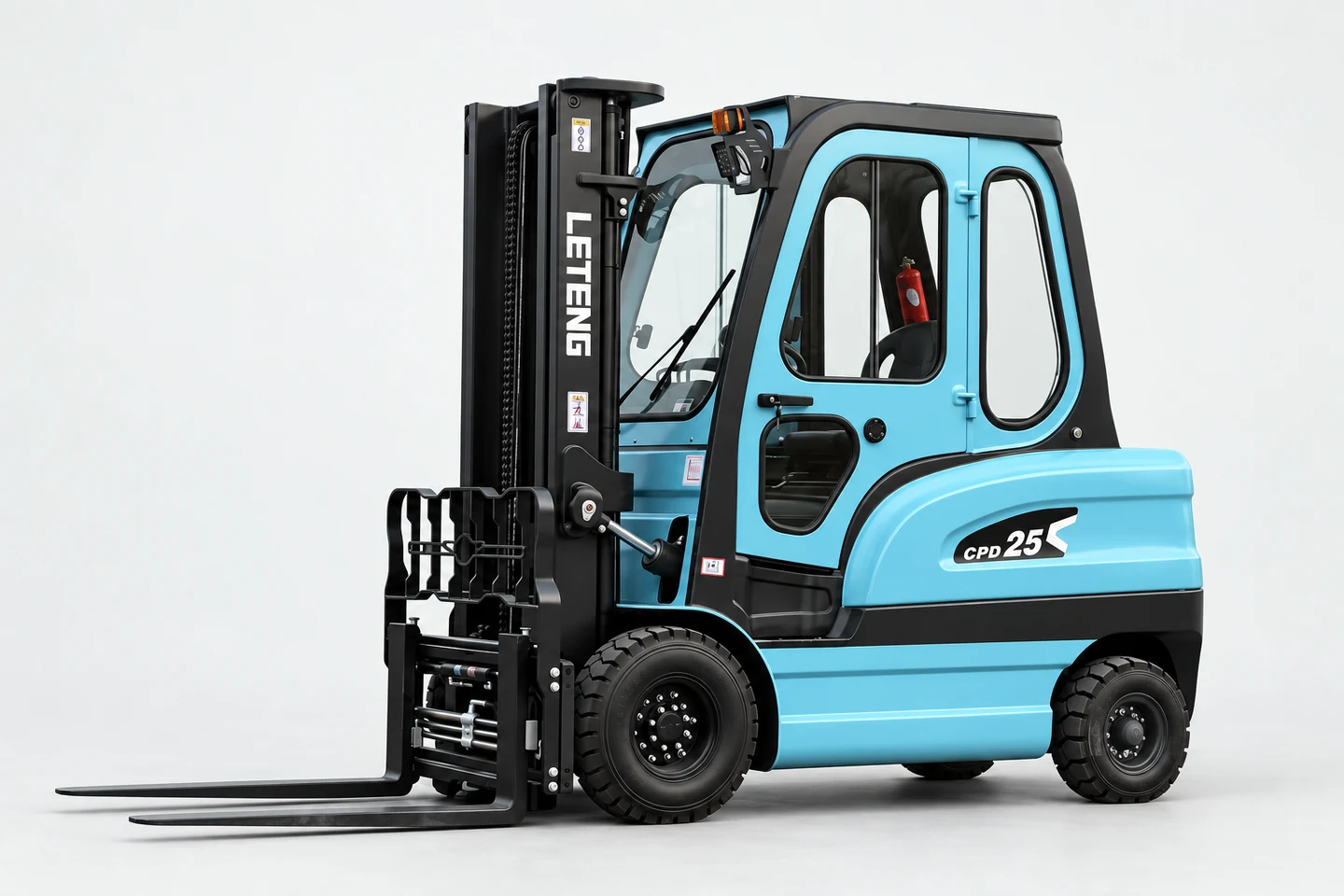 Blue LETENG CPD25 electric counterbalance forklift with enclosed cab