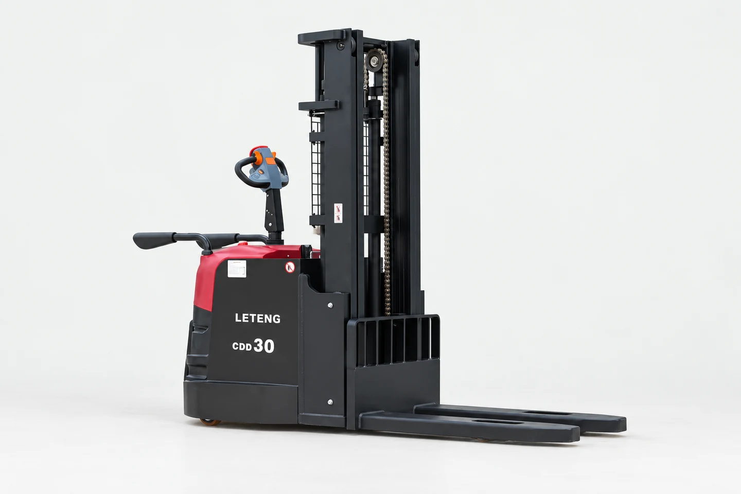 Red and black LETENG CDD30 electric stacker with support legs and lifting forks
