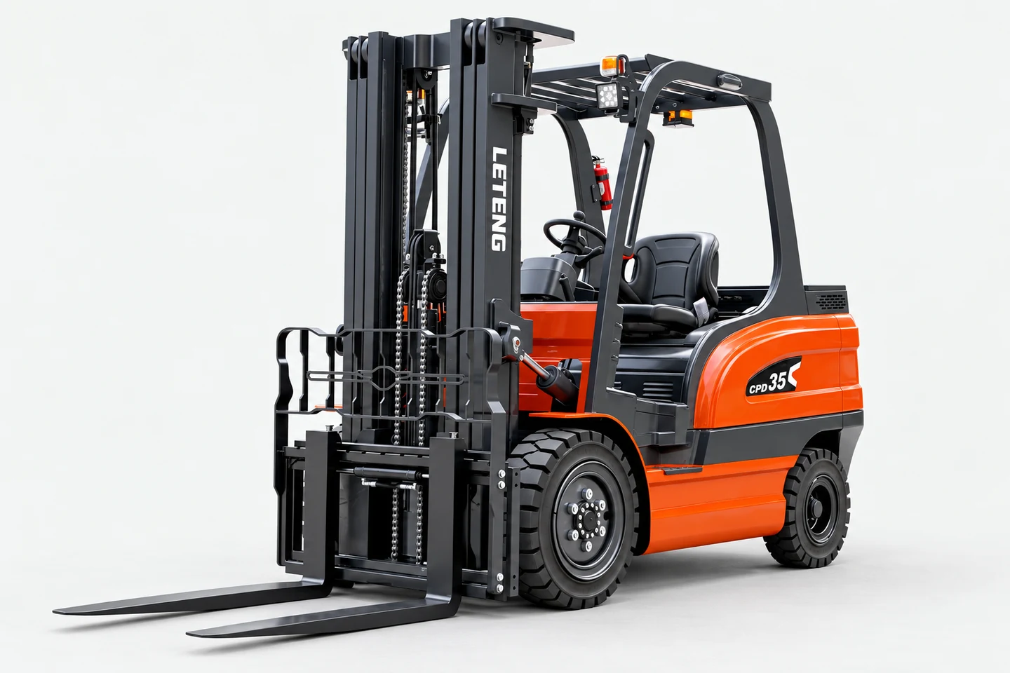 Orange LETENG CPD35 electric counterbalance forklift with open operator compartment