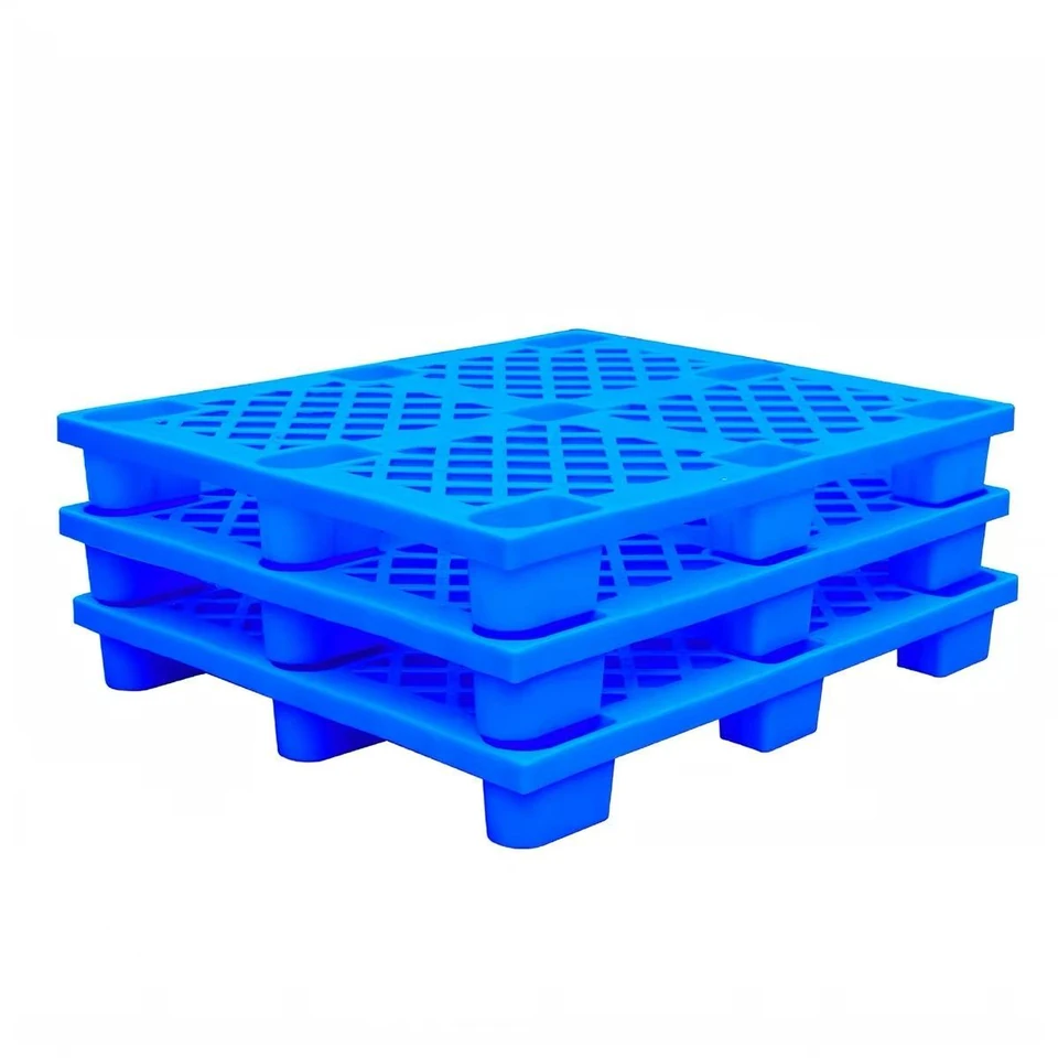 Blue plastic pallets stacked to show their feet and entry openings