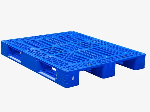 Blue plastic pallet showing its underside feet and fork entry openings